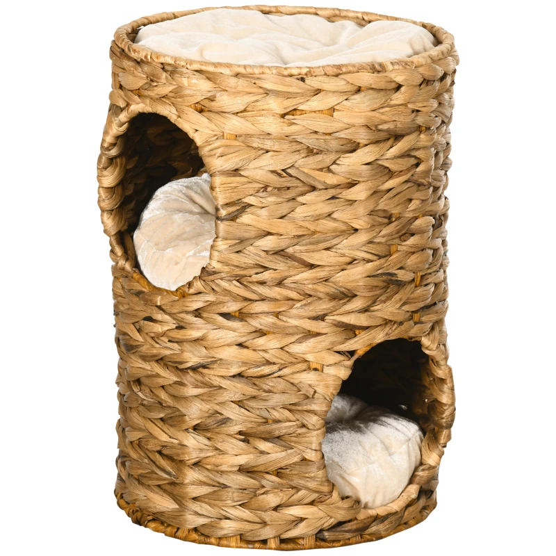 PawHut Torre Rascadora, 47 cm, 2 Cuevas, Cojín, Rascador con Cama para Gatos, Torre para Gatos de Agua Hiácinta, Marrón Claro