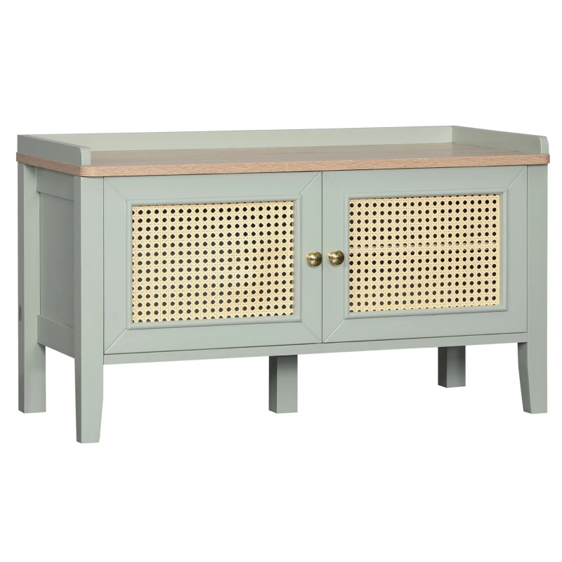 HOMCOM Banco de zapatos mueble de almacenamiento con estante elevado 2 armarios con frentes de rejilla asas de aleación de aluminio verde