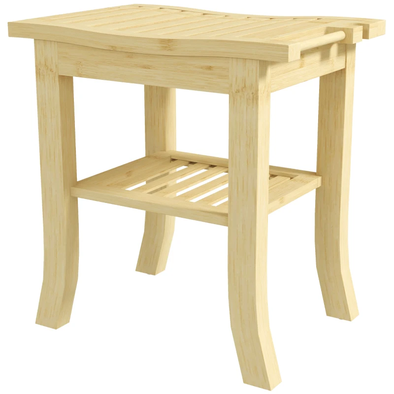 HOMCOM Taburete de ducha en bambú con estante de almacenamiento y portatoallas, 42×29×43 cm, natural