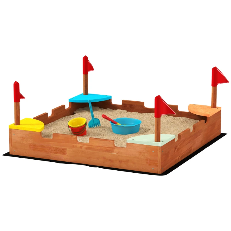 AIYAPLAY Arenero de madera para niños de 3-7 años con asientos, banderas, sin fondo, tema de muralla, 90 x 90 x 17 cm, marrón