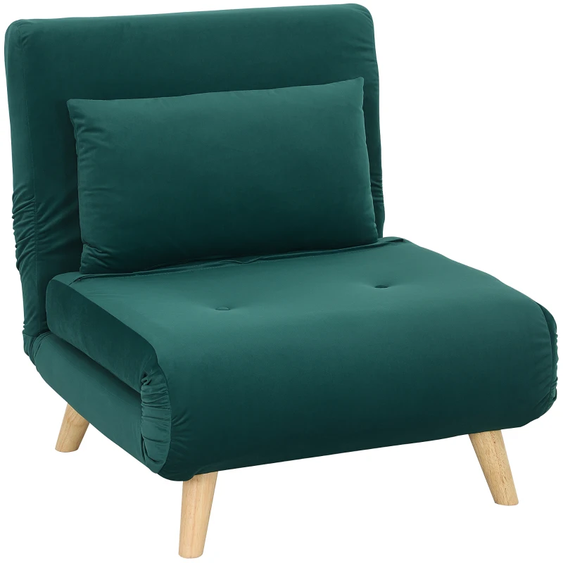 HOMCOM Sillón plegable con función de cama, Sillón Relax Plegable en Terciopelo, Respaldo Ajustable, soporta hasta 120 kg, Verde oscuro