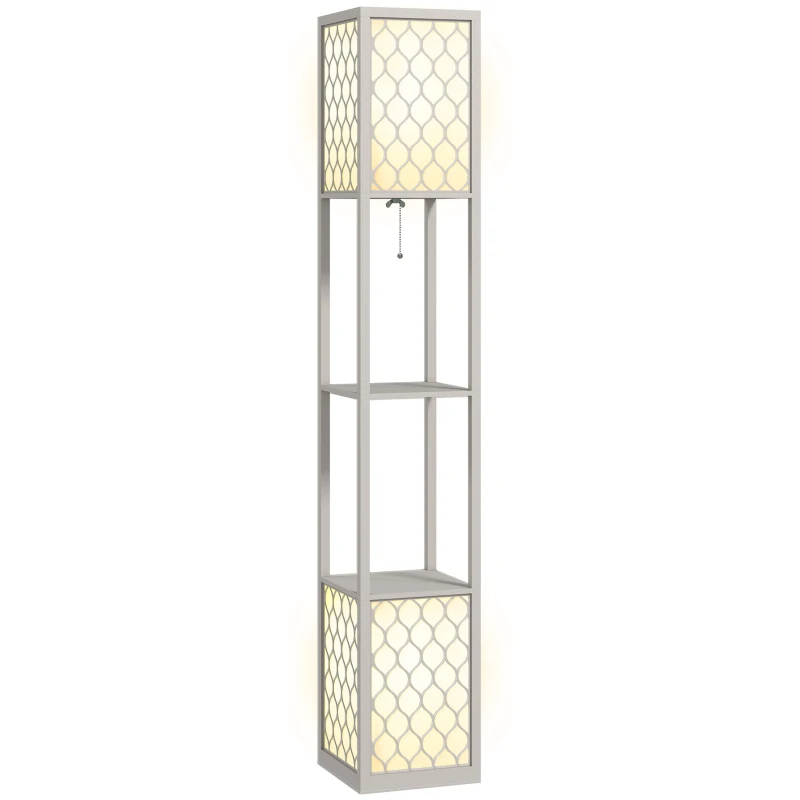 HOMCOM Lámpara con estantería, 2 lámparas, 2 estantes, 4 niveles, MDF gris con diseño de panal, 26x26x156 cm, gris