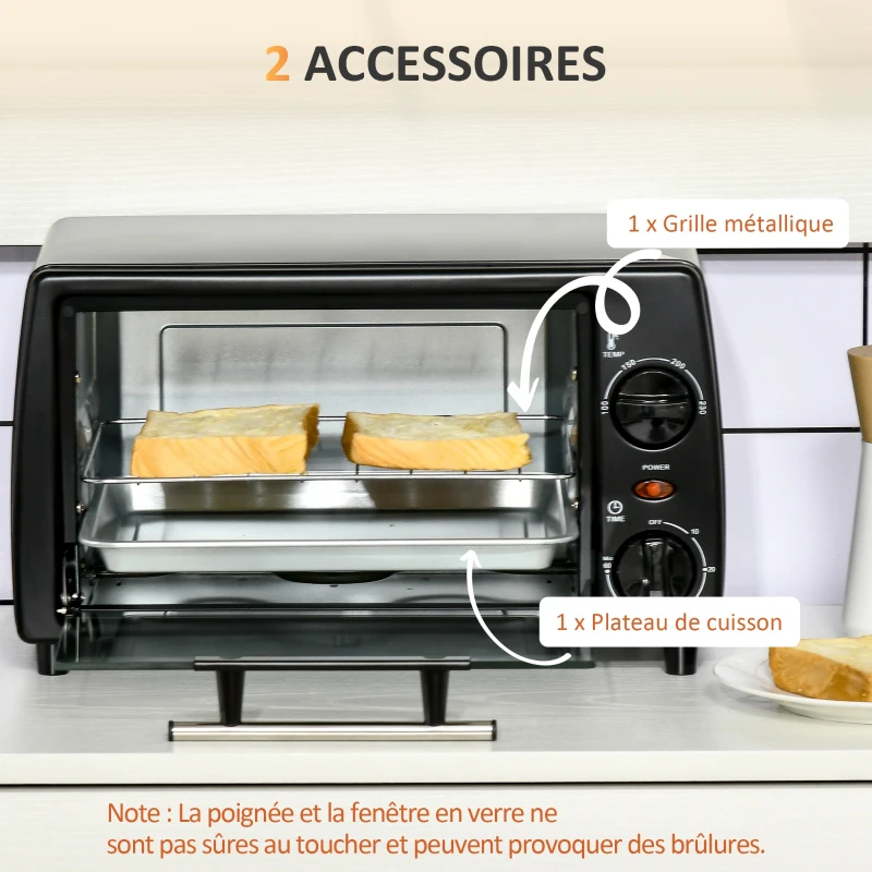 HOMCOM Mini four électrique 10L 1 grille et 1 plateau, température réglable de 100°C à 230°C, Minuteur 60 min, 36,5x26x22 cm