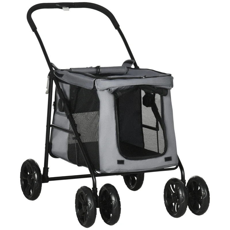 PawHut Carrito plegable para mascotas perros gatos cojín incluido ruedas con freno tela 600D Oxford 102x62x105 cm Gris