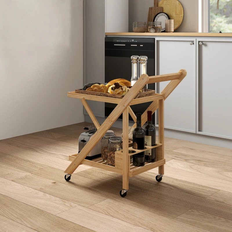 HOMCOM Carrito de cocina de bambú carrito de servicio plegable 2 bandejas 4 ruedas 3 compartimentos para vino 66x40x70 cm madera