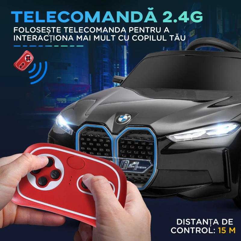 HOMCOM Masina electrica pentru copii licenta BMW telecomanda claxon faruri negru rosu albastru pentru copii pentru plimbare pentru distractie echilibru(m-5)