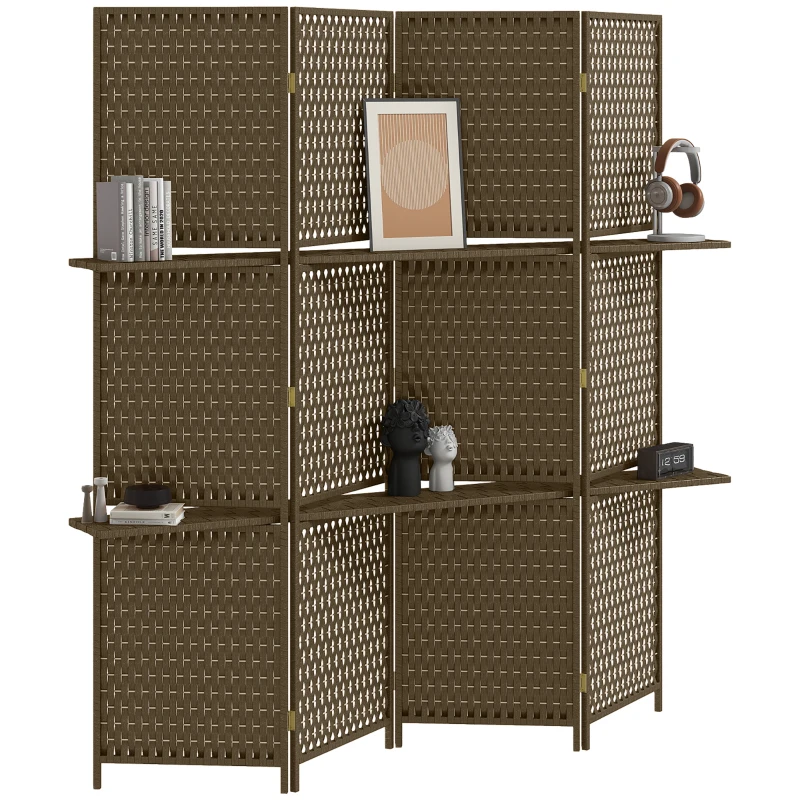 HOMCOM Biombo interior separador de ambientes 4 paneles 2 estantes madera de pino trenzada fibras de papel 181x180 cm Marrón