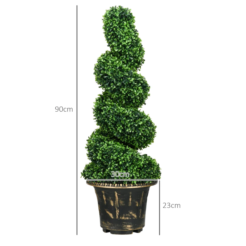 HOMCOM Árbol Artificial en Espiral de Boj, Set de 2 Plantas Artificiales, con Maceta, Altura de 90 cm, Verde