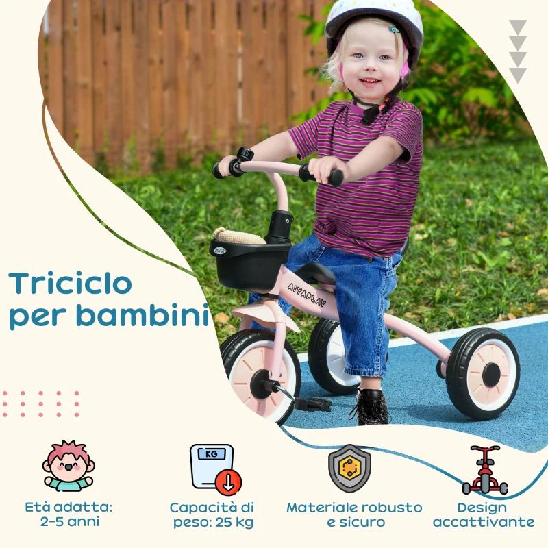 AIYAPLAY Triciclo per Bambini da 2-5 Anni con Seduta Regolabile e Campanello, 70.5x50x58cm, Rosa
