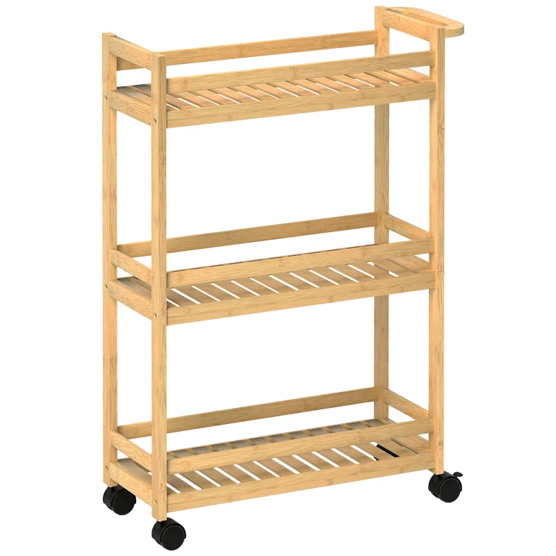 HOMCOM Carrito de Servicio, 3 Niveles, Estantes de Lamas, Protector contra Caídas, Bambú, 55 x 20 x 75 cm