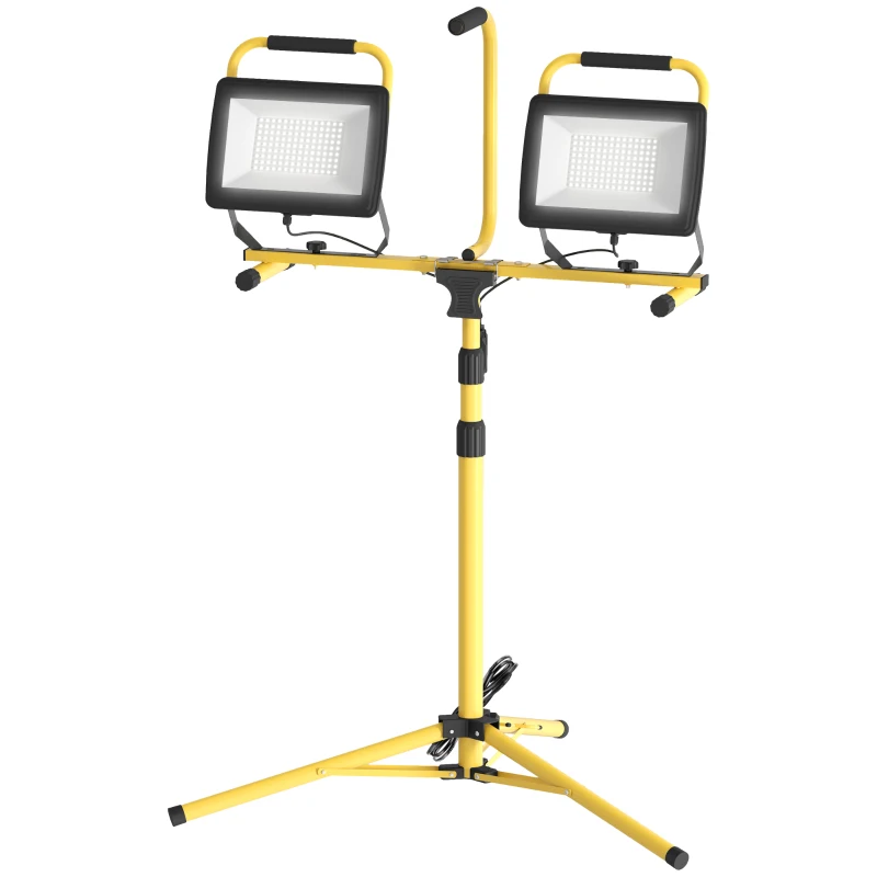 HOMCOM Proyector de obra con trípodes 2x100 W, 17000 LM, doble cabeza giratoria 360° soporte ajustable impermeable IP 65, Amarillo