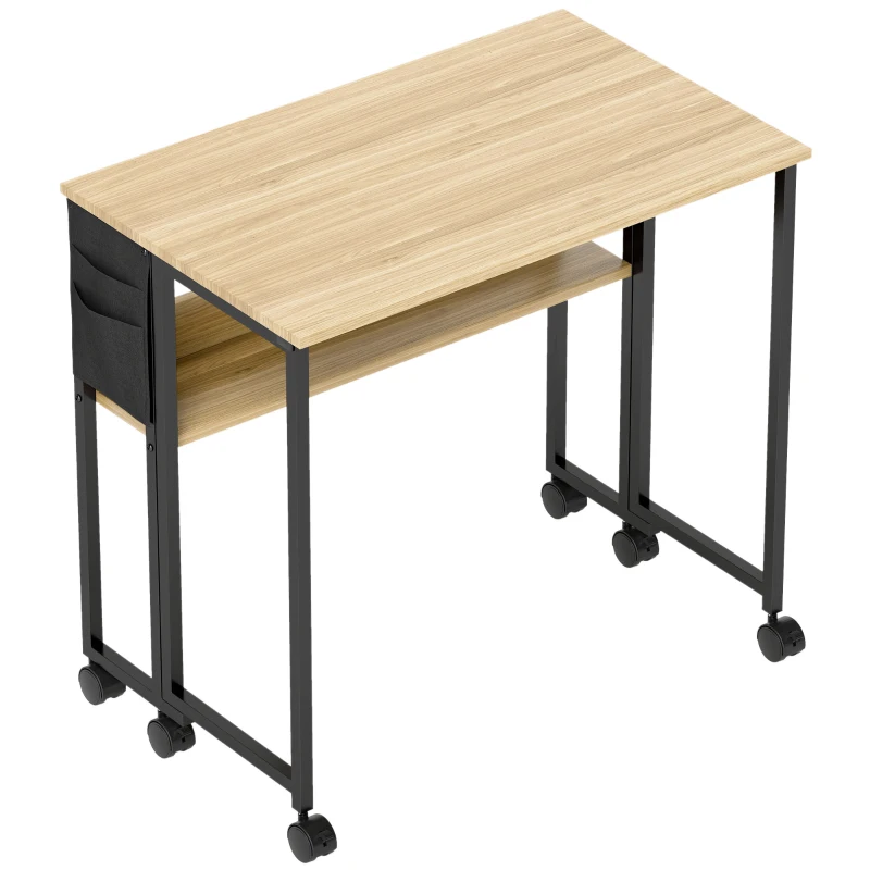 HOMCOM Escritorio plegable con ruedas 80x50 cm con estante y bolso de almacenamiento, roble