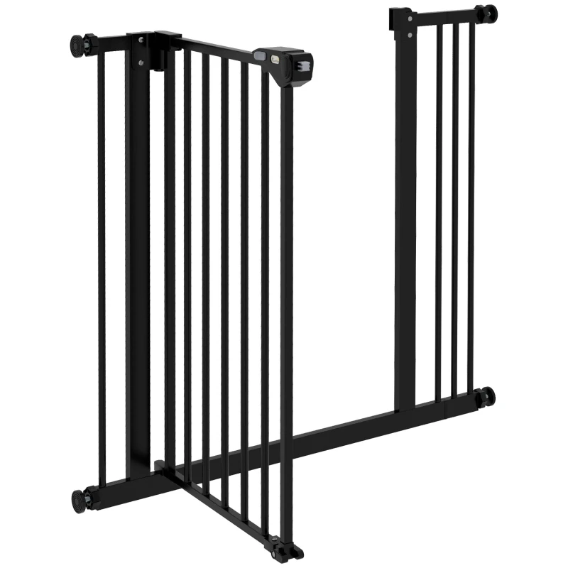PawHut Puerta de Seguridad para Perros, Barrera Protectora, Barrera para Mascotas, Metal, Plástico, 74-87 cm, Negro