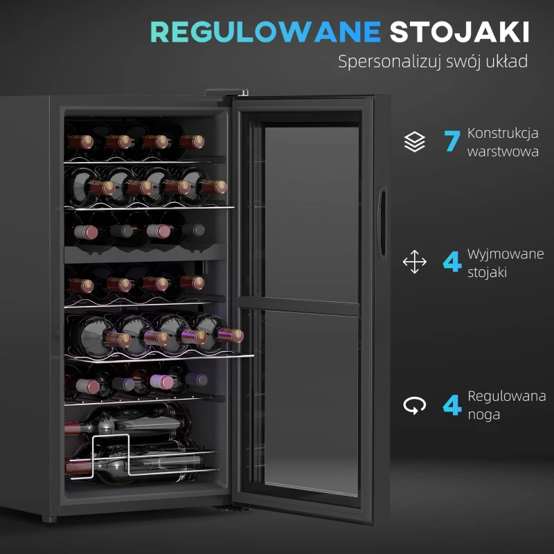 HOMCOM Mała Chłodziarka do Wina, Mini-Lodówka na 28 Butelki, 74 Litrów Pojemności, Drzwi ze Szkła, Oświetlenie LED, Ekran Dotykowy