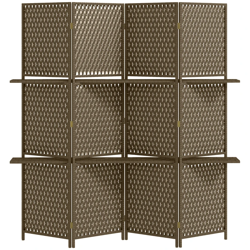 HOMCOM Biombo interior separador de ambientes 4 paneles 2 estantes madera de pino trenzada fibras de papel 181 x 180 cm marrón