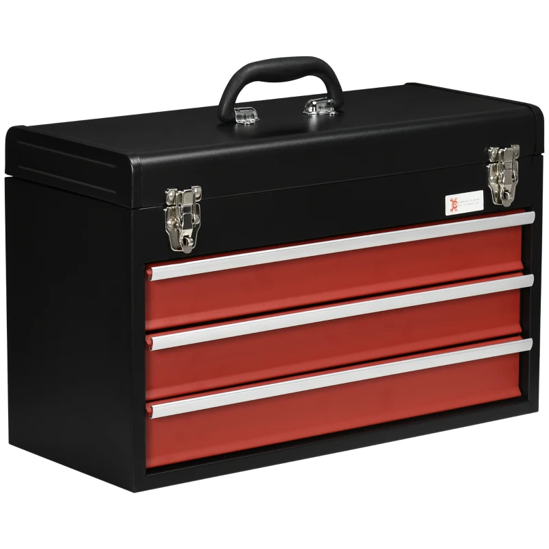 DURHAND Caja de herramientas, herramientas, 3 cajones, con cerradura, caja de acero, negro+rojo, 51 x 22 x 32 cm