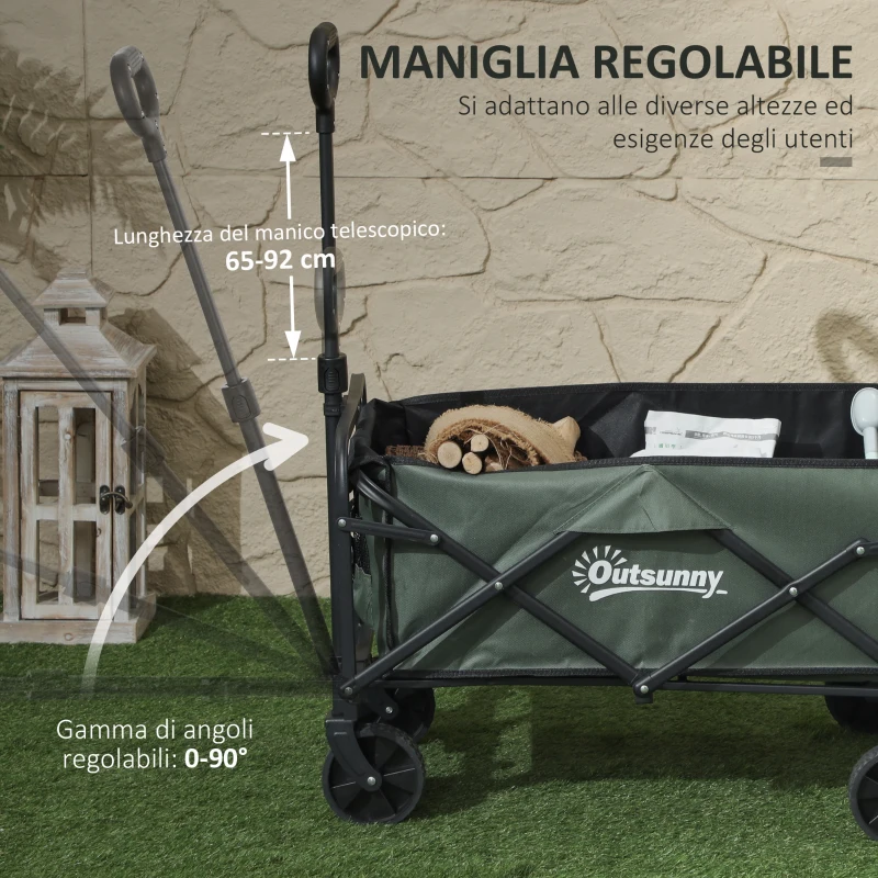 Outsunny Carrello da Giardino da 72L Pieghevole con Pannello Apribile, in Acciaio e Poliestere, 114x46x65-92 cm, Verde