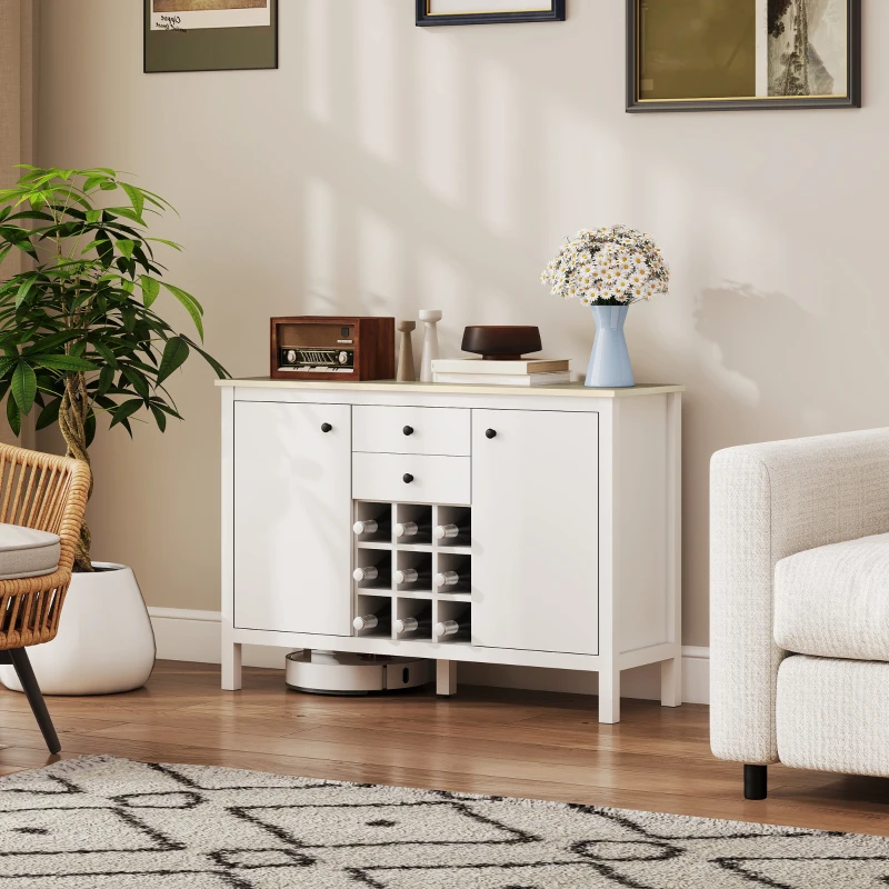 HOMCOM Bufé mueble de almacenamiento con 2 cajones, 2 puertas estantes ajustables y porta botellas para 9 botellas, Blanco