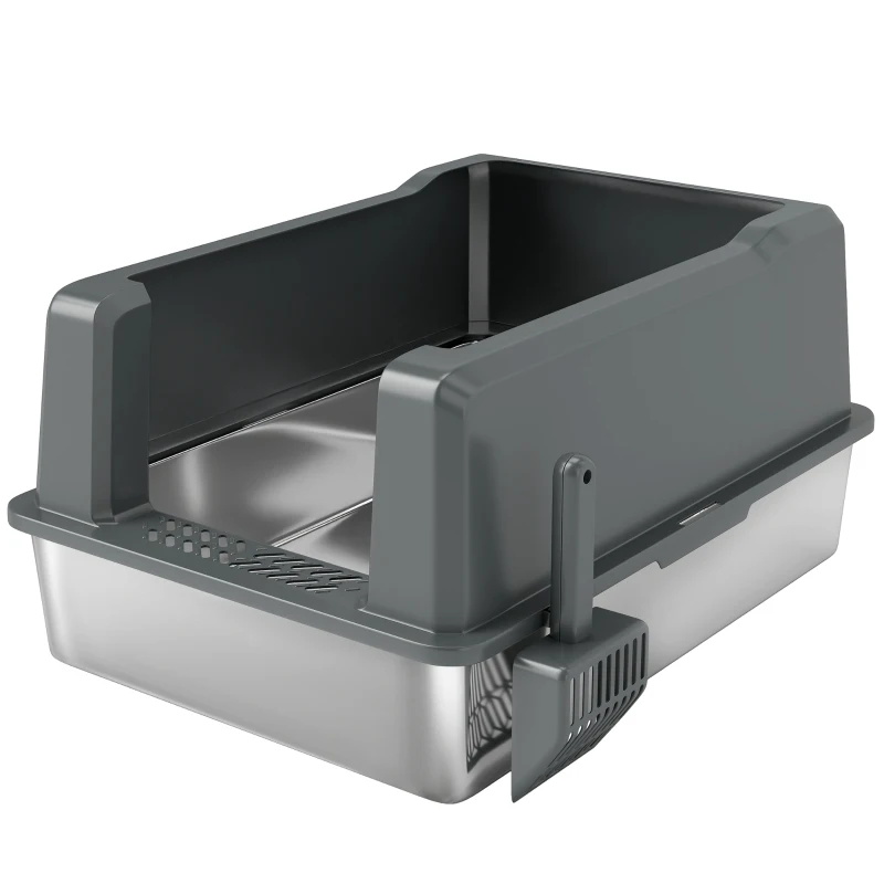 PawHut Arenero para Gatos de acero inoxidable 85L gran capacidad casa de arena semicerrada, 71 x 50,8 x 35,5 cm gris