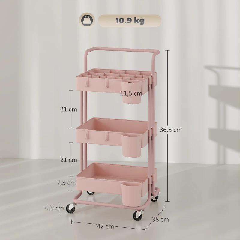 HOMCOM Carrinho de Cozinha Carrinho de Armazenamento com 4 Ganchos 3 Cestas Removíveis 3 Caixas Suspensas 42x38x86,5 cm Rosa