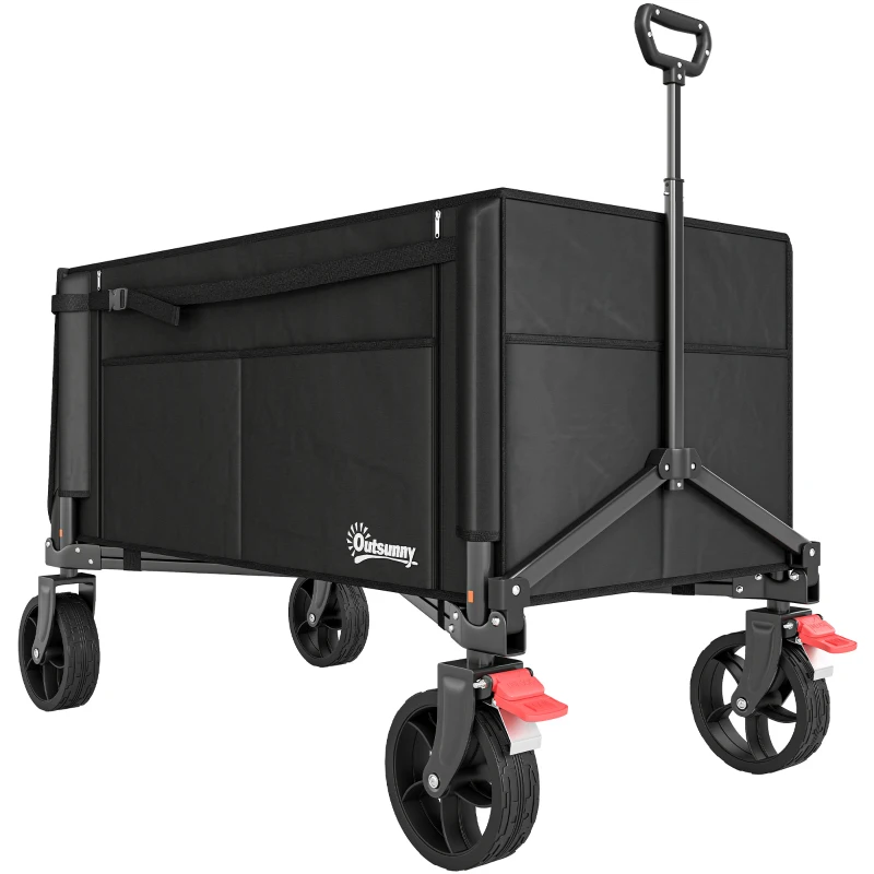Outsunny Carrito de jardín plegable 150 L, carrito de transporte de playa mango ajustable bolsillos laterales 85 x 50 x 90 cm negro