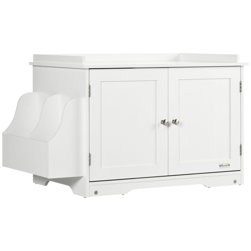PawHut Casa de arena para gatos diseño mueble escondite para arena 2 en 1 mesa auxiliar 2 puertas con tabique removible blanco