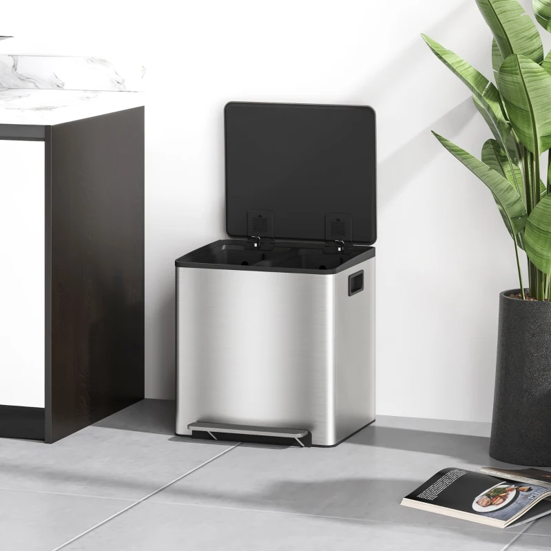 HOMCOM Cubo de Basura de Cocina 2 Compartimentos de 2x15 L, con Pedal, en Acero Inoxidable, Tapa de Cierre Suave