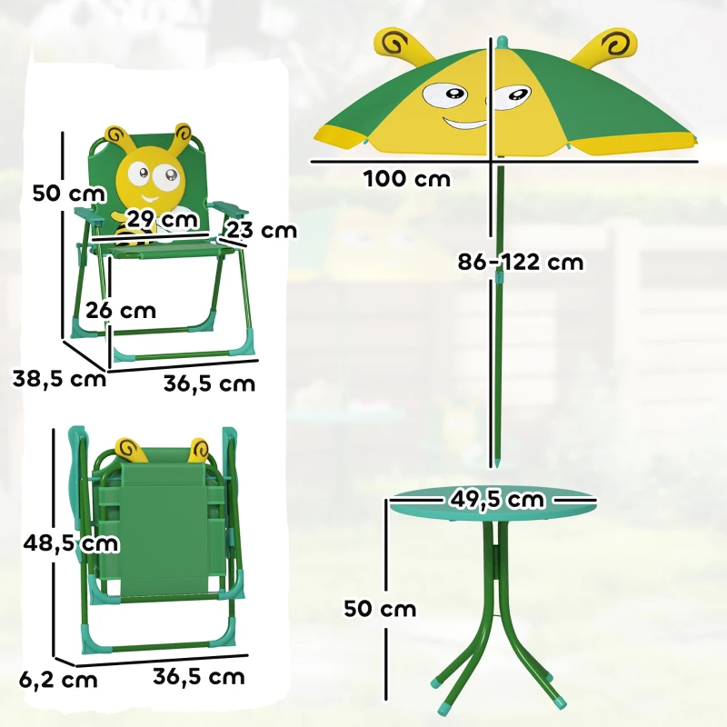 AIYAPLAY Set de Muebles de Jardín para Niños, Sillas, Mesa, Sombrilla, Diseño de Abejas, Verde+Amarillo