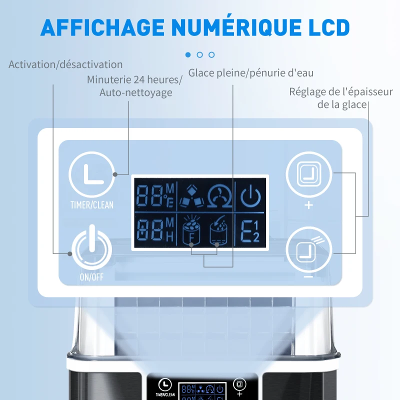 HOMCOM Machine à glaçons, 20 kg en 24h, 24 glaçons en 14-18 min, ice maker avec fonction autonettoyante, 25,2x36x37,1cm, noir