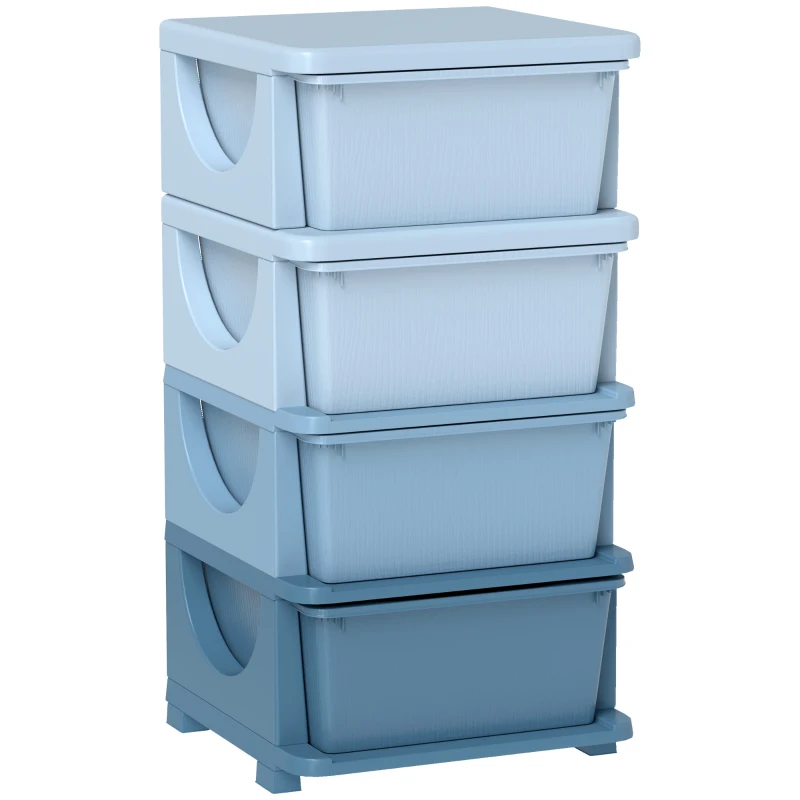 HOMCOM Cajas de Almacenamiento para Niños, 4 cajones, bordes redondeados, diseño elevado, plástico, azul