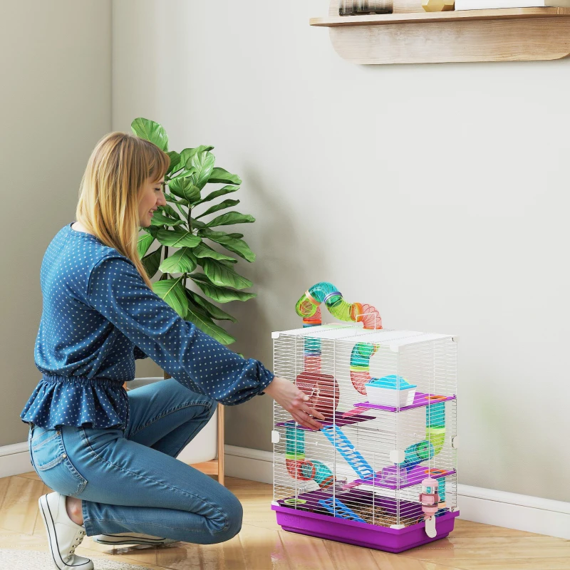 PawHut Jaula para hámster roedor 4 pisos con túneles comedero rueda casita escaleras 46x30x58 cm Violeta