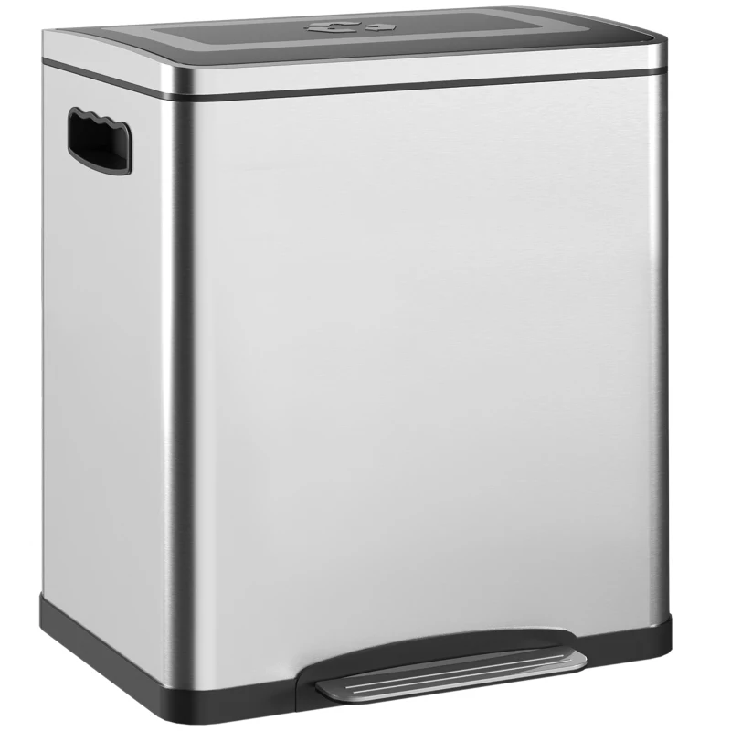 HOMCOM Cubo de Basura de Cocina 2 Compartimentos de 2 x 15L, con Pedal, de Acero Inoxidable, Tapa de Cierre Suave