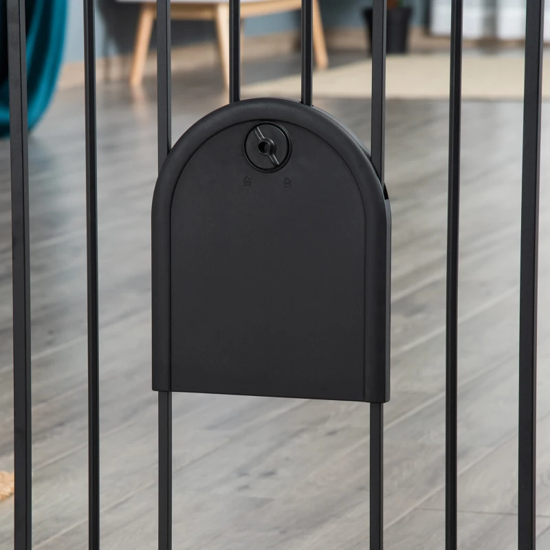 PawHut Barrera de seguridad animales con puerta cierre automático sistema de doble bloqueo, acero Negro