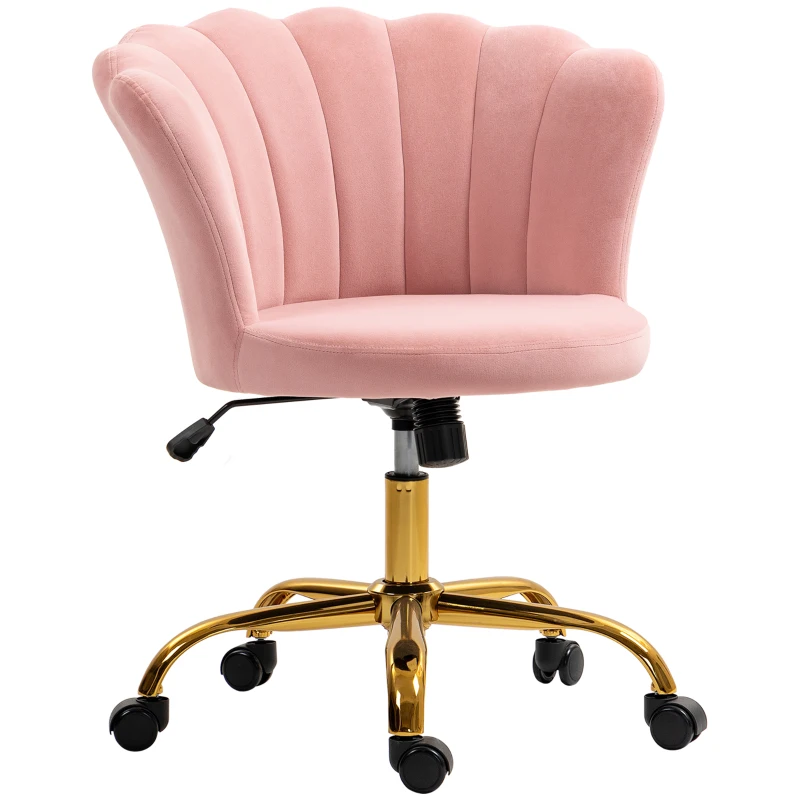 HOMCOM Silla de oficina en terciopelo, silla de tocador con respaldo en pétalo, altura ajustable, 69 x 64 x 80-90 cm, rosa