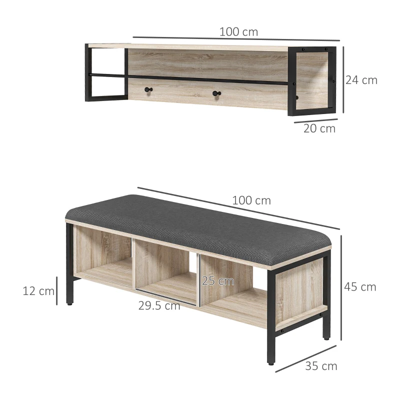 HOMCOM Conjunto de mueble de entrada 2-en-1 banco para zapatos 3 casilleros y perchero de pared 3 ganchos y barra natural y Negro