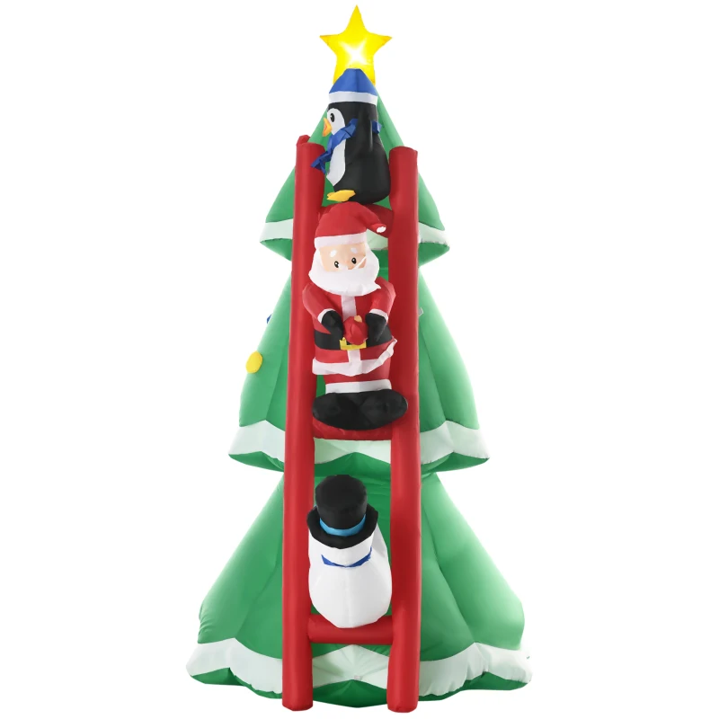 Outsunny Decoración Navideña Exterior Inflable 247 cm con luces LED, árbol inflable con Papá Noel, pingüino y muñeco de nieve