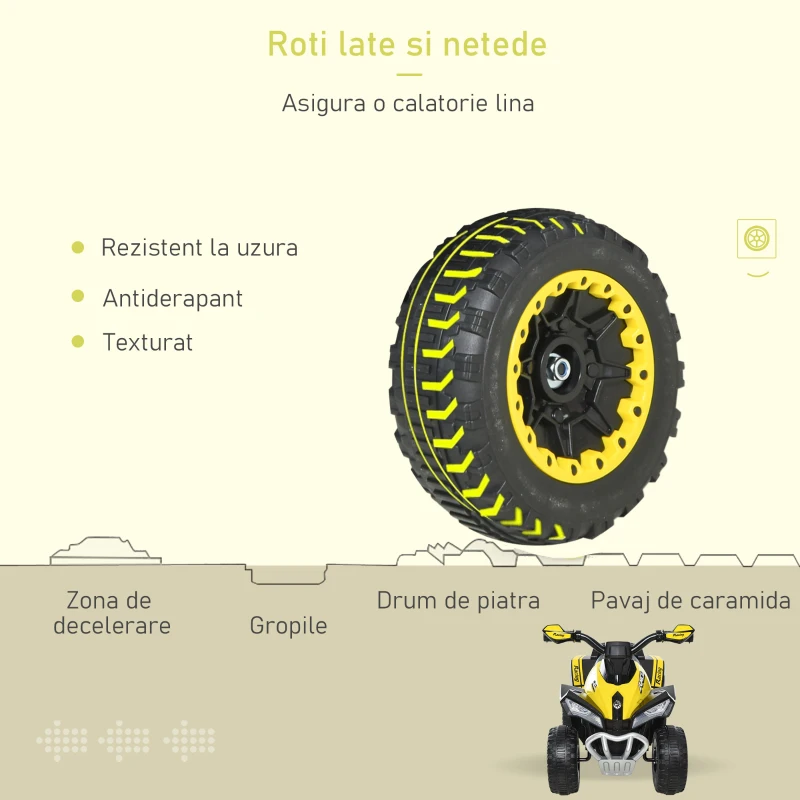 HOMCOM Mini ATV, Motocicletă pentru Copii 18-36 Luni cu Muzică Integrată și Ghidon Larg, 67,5x38x44 cm, Galben(m-5)