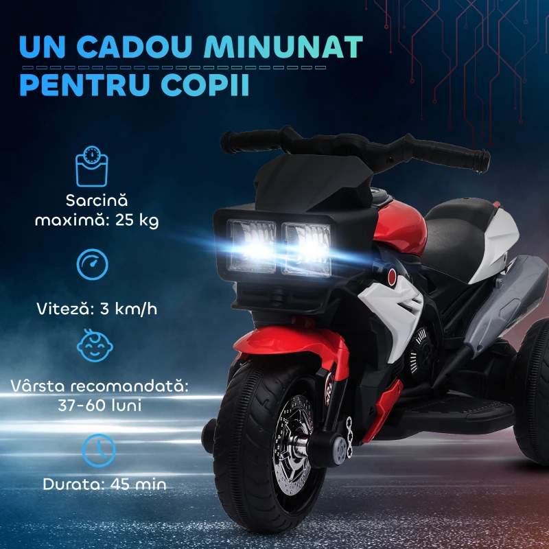 HOMCOM Motocicleta Electrica 6V – Copii 3–5 ani, Rosie cu Lumina & Sunet