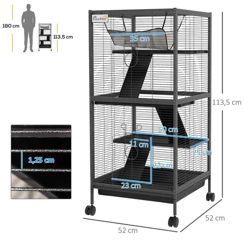 PawHut Cage pour Cochons d'Inde et Chinchillas en Acier avec 3 Niveaux, Roues et Plateau Amovible, Gris