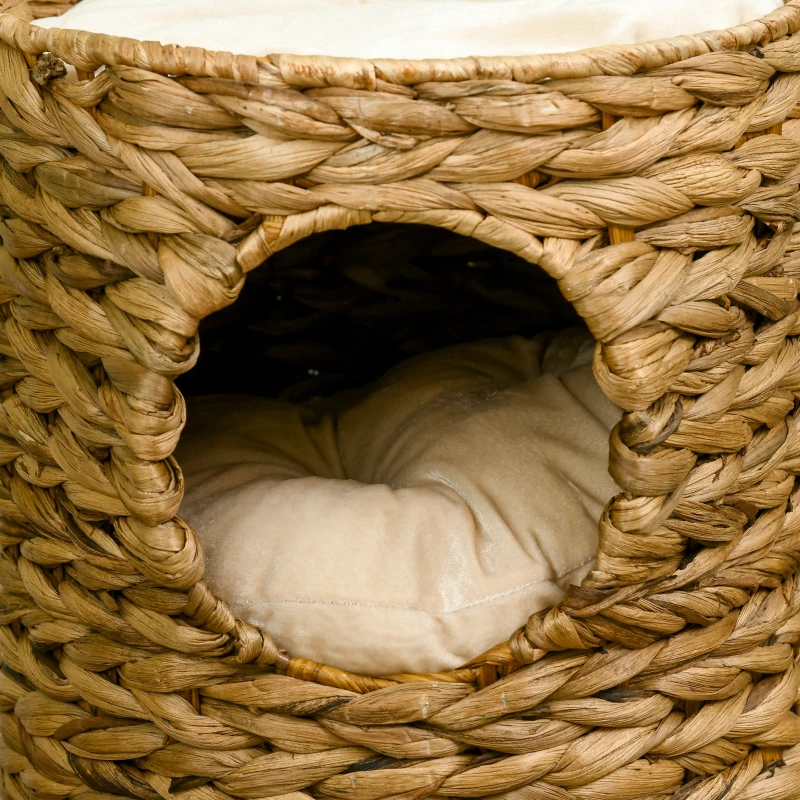 PawHut Torre Rascadora, 47 cm, 2 Cuevas, Cojín, Rascador con Cama para Gatos, Torre para Gatos de Agua Hiácinta, Marrón Claro