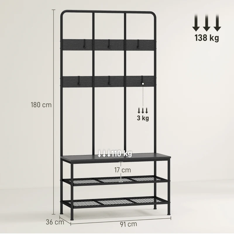 HOMCOM Appendiabiti da Ingresso 3 in 1 con 6 Ganci e Panca con Scarpiera, 91x36x180 cm, Nero