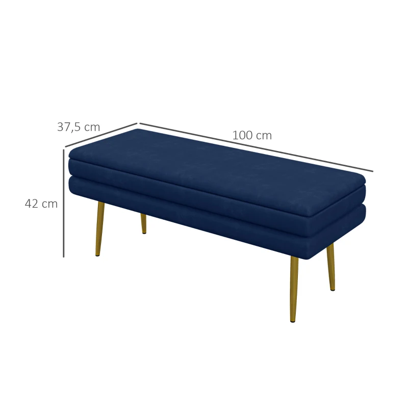 HOMCOM Bancă bancă cutie de depozitare 2 în 1 scaun aspect catifelat și picioare de oțel - 100 x 37,5 x 42 cm bleu și aurit