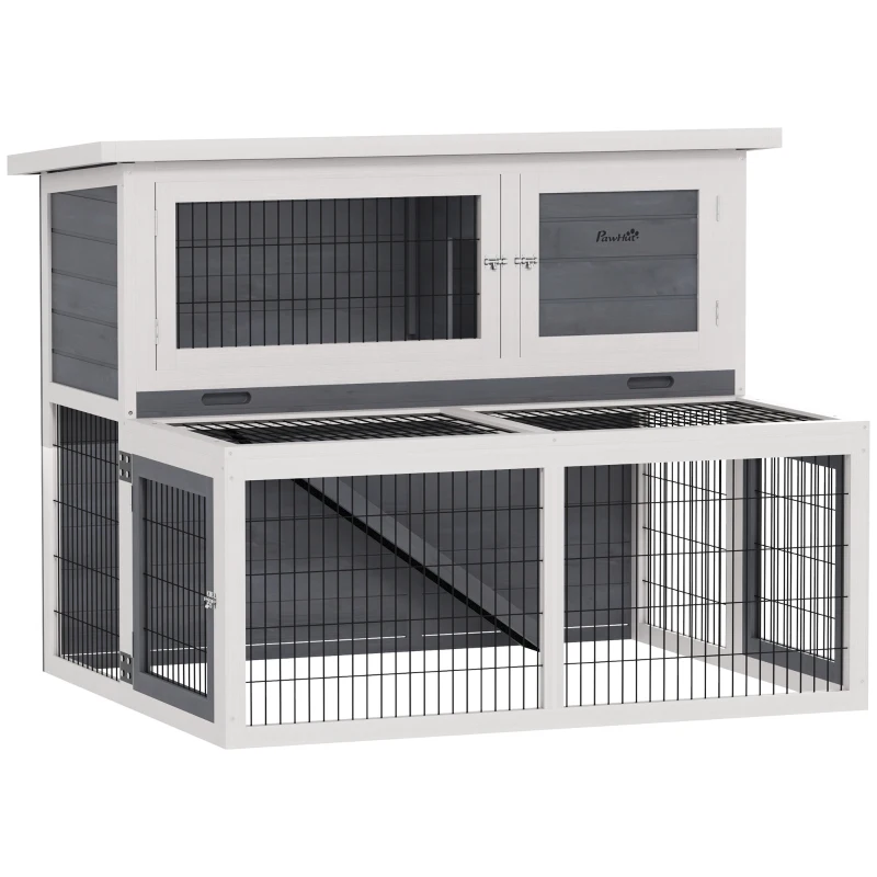 PawHut Hutch cu 2 nivele, cu acoperis rabatabil, cotet pentru iepuri din lemn masiv rezistent la iarna, casa dubla 122x95x93,5 cm gri