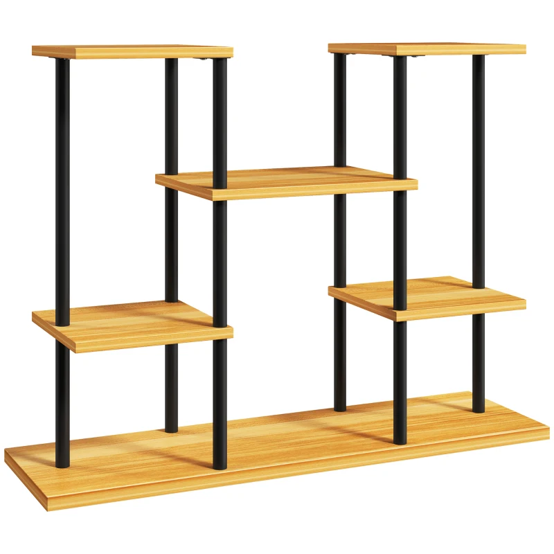 Outsunny Suport plante interior etajeră plantă cu 6 nivele cadru din oțel bază lemn masiv 80 x 24 x 61,5 cm lemn natural