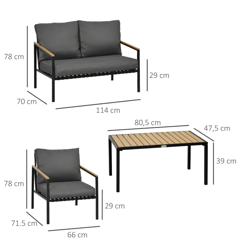 Outsunny set mobilier grădină 4 piese, 4 persoane, canapea 2 locuri, fotolii, masă de cafea, perne