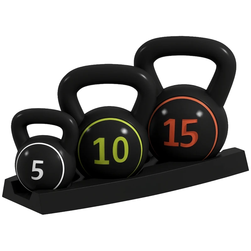 SPORTNOW Set de 3 kettlebells 2,2, 4,5 și 6,8 kg mâner antiderapant antrenament sport fitness cu suport de depozitare negru