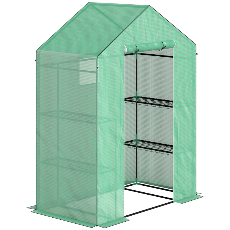 Outsunny Seră cu rafturi, Mini-seră, rezistentă la UV, fereastră de plasă, ușă cu fermoar, 143L x 74W x 190H cm, Verde
