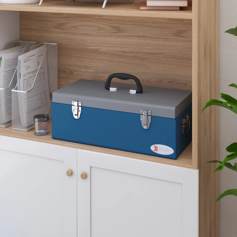 DURHAND Caisse boite à outils en métal transportable cu 3 mânere, 2 încuietori, dim. 50L x 26l x 18,5H cm, bleu