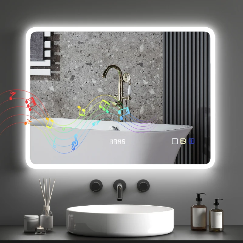 HOMCOM Oglindă de Baie cu Lumină LED 80x60 cm cu Bluetooth 3 Culori de Lumină Funcție Antiabur Funcție de Memorie IP44