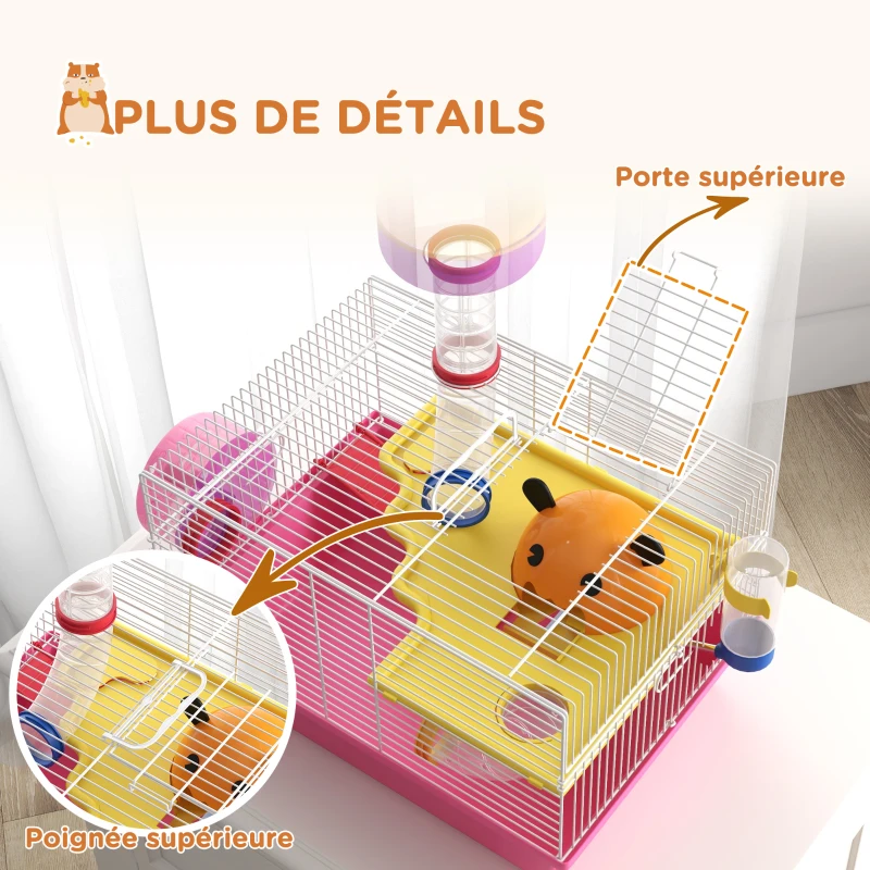 PawHut Cușcă pentru hamster șoarece rozătoare multicoloră cu platformă, biberon apă, roată, casă, 34 x 27 x 25 cm, roz